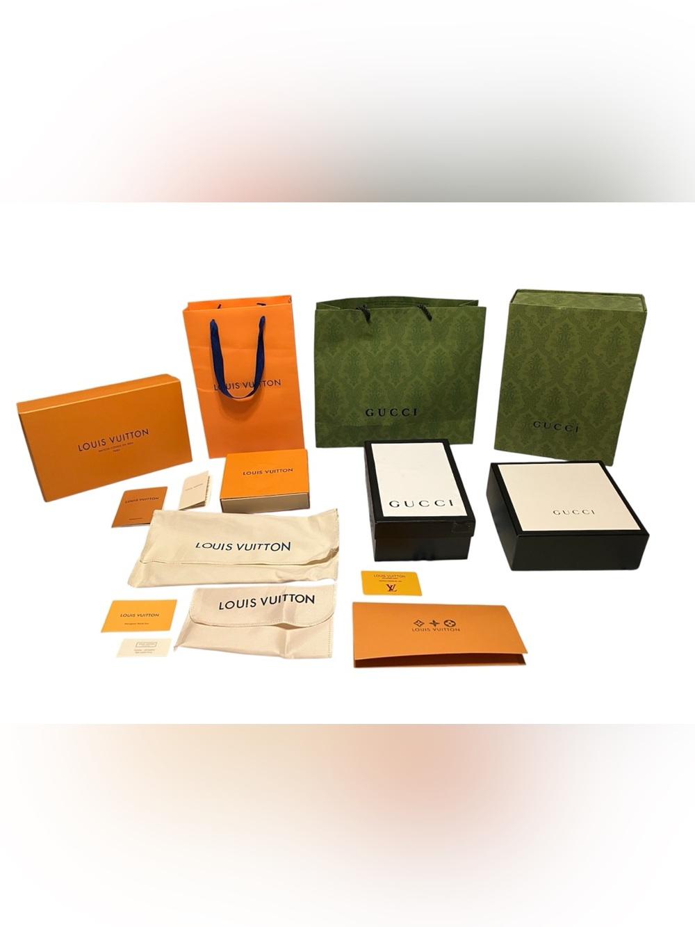 Lot Empty Gucci/ Louis Vuitton Gift Boxes Dust Bags Shopping Bags Cards
